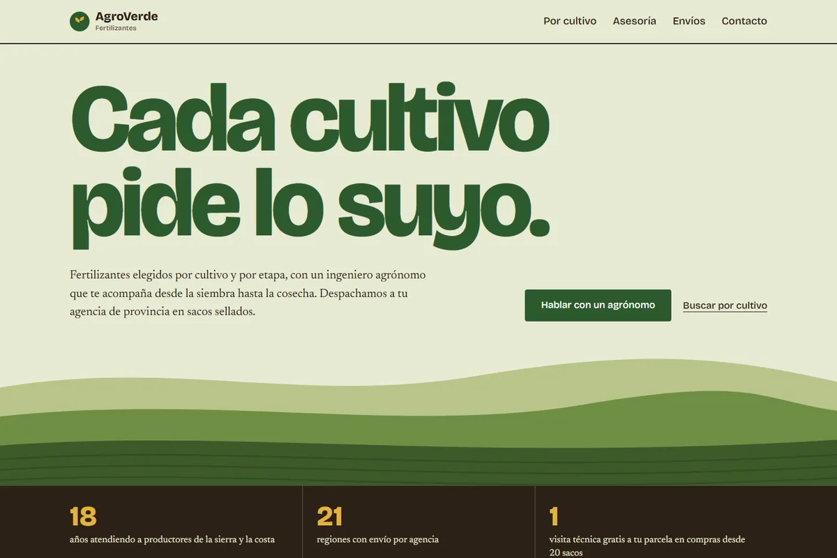 Captura de la demo de página web para fertilizantes y agro