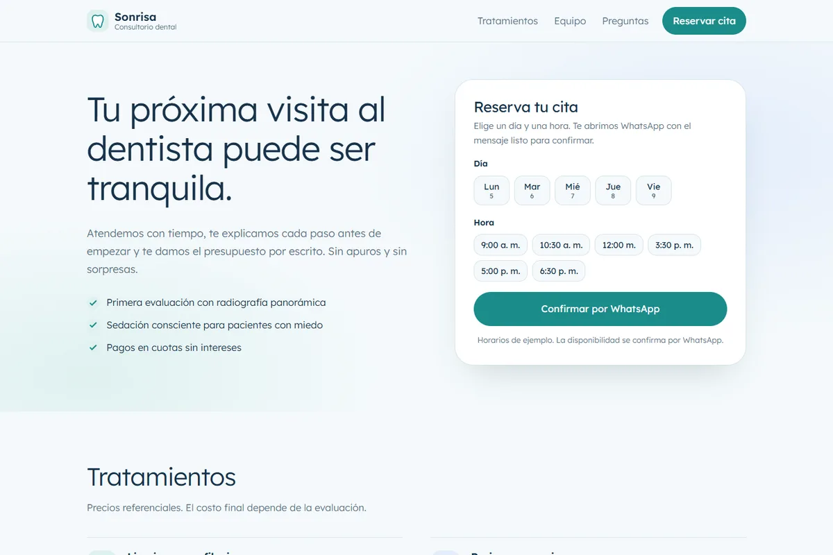 Captura de la demo de página web para consultorio o clínica